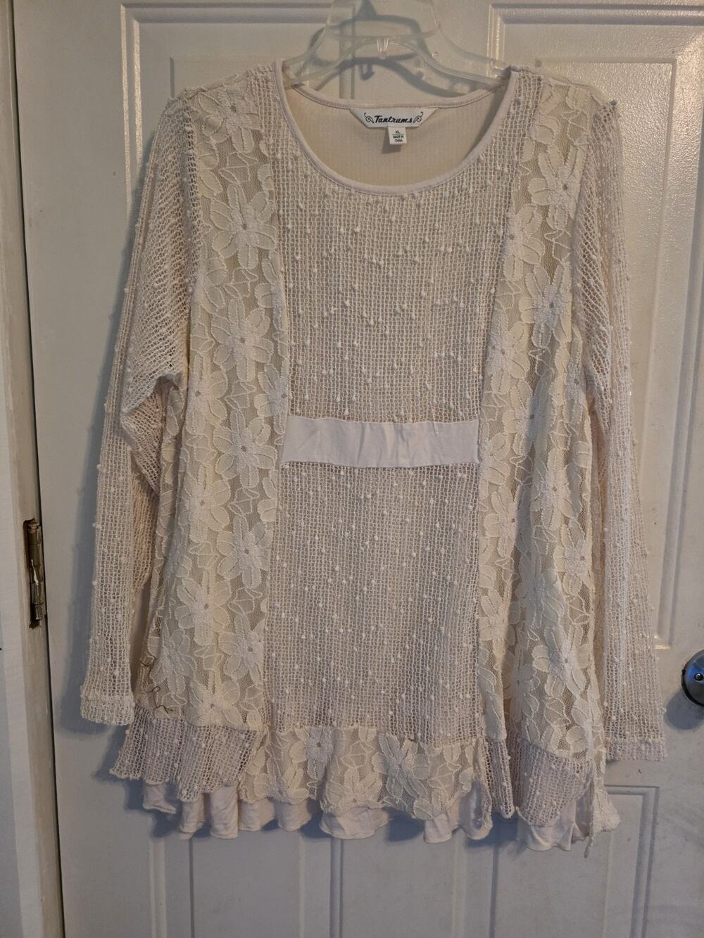 Tantrums Peasant Blouse Craml Embroidery XL 100% Cotton Lace Cuff Inserts EUC